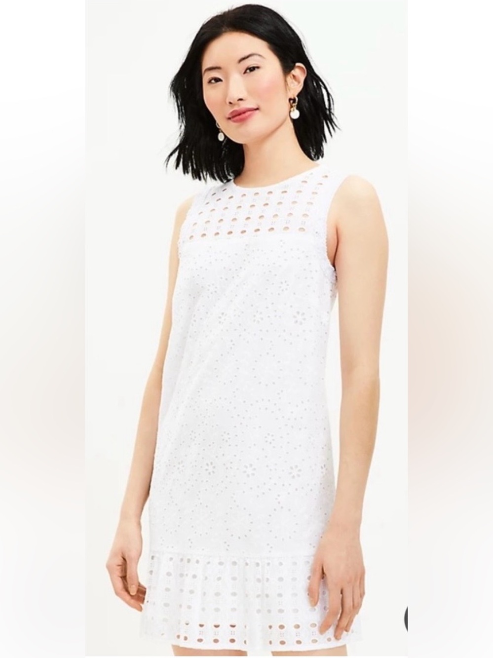 LOFT Eyelet Cutout Flounce Shift Dress in White - Size: 4